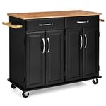 COSTWAY Kitchen Island on Wheels, Rolling Storage Trolley Cart with Rubber Wood Countertop, 2 Cabinets, 2 Drawers, Towel Racks & Adjustable Shelf, Home Dining Room Serving Organiser Cabinet (Black)