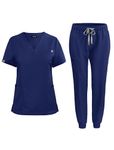 niaahinn Classic Scrub Set for Women- Scrubs Top Workwear & Yoga Jogger Scrub Pants Nursing Uniform (Navy Blue, XL)