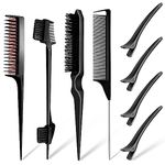 7PCS Hair Brush Set, Teasing Brush Slick Back Curly Hair Brush, Hair Comb Edge Hair Brush Set, Rat Tail Hair Comb Brush with Hair Clips, Back Combing Brushes for Hairdresser Women Baby Children, Black