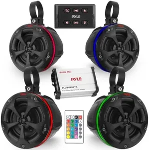 PyleUsa Bluetooth Off-Road Speakers with Amplifier-4" 800W 4-CH Marine Grade Waterproof Wakeboard Tower System,RGB Lights,Remote,BT Control Unit,Full Range Stereo Speaker for ATV UTV,Quad, Jeep, Boat