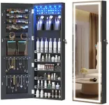 LVSOMT LED Mirror Jewelry Cabinet, Wall/Door Mounted Jewelry Organizer Armoire, Full Length Mirror with Jewelry Storage, Over the Door Hanging Jewelry Cabinet with Lights (Black)