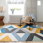 Luxury Hand Carved Geometric Navy Blue Grey Carpet Rug Thick Striped ZigZag Ochre Yellow Lounge Living Room Bedroom Hallway Mat Area Rugs 190cm x 280cm