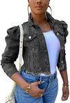Omoone Women's Ripped Puff Sleeve Denim Crop Top Long-Sleeve Cropped Jean Jacket(1676-Grey-XXL)