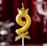 Fun Affairs Number 9 Wax Candle With Crown For Birthday, Wedding, Engagement, Valentines Day Celebration, Bachelorette Cake Topper For Decoration 1 Pc, Gold, Unscented