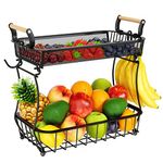 Miyawell Fruit Basket, 2 Tier Fruit Bowl with 2 Banana Hanger, Kitchen Countertop Rack, Vegetable Counter Holder, Large Metal Bowls Perfect for Holding Fruits, Vegetables, Snacks, Cupcakes, Black