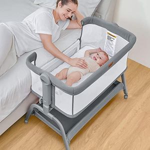 BabyBond Baby Bassinet, 3 in 1 Bassinet Bedside Sleeper with Washable Soft Mattress and Sheet, 6 Height Adjustable Bedside Crib, 4-Sided Mesh Bedside Bassinet for Baby