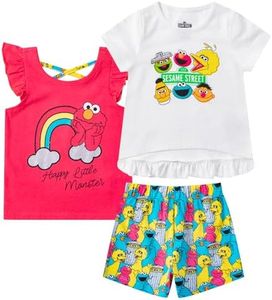 Sesame Street Elmo or Cookie Monster Girls T-shirt, Tank Top and Short Set for Infant and Toddler, Sesame Street, 3T