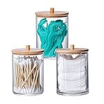 INCETUE 3PCS Cotton Pad Holder with Bamboo Lid for Bathroom Storage, Acrylic Cotton Swab Dispenser, Clear Round Cotton Wool Bud Jar for Vanity, Small Qtip Container, Makeup Organiser Set