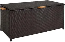 Sunnydaze 75-Gallon Faux Wicker Outdoor Deck Storage Box with Acacia Wood Handles - Hinged Lid - Brown