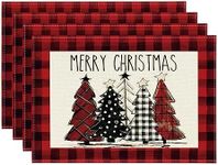 Artoid Mode Red and Black Buffalo Plaid Christmas Trees Placemats Set of 4, 12x18 Inch Winter Table Mats for Outdoor Home Party Kitchen Dining Decor