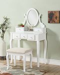 Roundhill Furniture Ashley Wood Make-Up Vanity Table and Stool Set, White