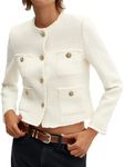 Cicy Bell Womens Cropped Tweed Blazer Collarless Casual Business Suit Jacket Fall Elegant Outerwear White