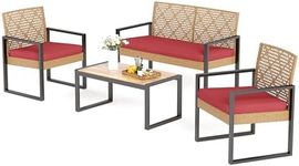 MFSTUDIO Patio Rattan Sofa Furniture Set for 4, Outdoor Yellow Wicker Conversation Furniture with Wood Table, Sofa and 2 Chairs with Cushions (Red), 4 Pieces Outdoor Patio Conversation Sofa Set