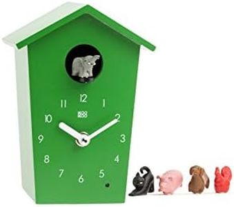 KOOKOO AnimalHouse green, striking small cuckoo clock with 5 farm animals sounds, natural field recordings, modern sleek designed clock;