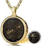 NanoStyle 14ct Yellow Gold Women's Love You Necklace I Love You Pendant 24ct Gold Inscribed in 120 Languages in Miniscule Text on Round Black Onyx Gemstone for Wife, 18" Gold Plated Silver Rolo Chain