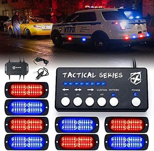 Xprite 24 LED Surface Mount Strobe Lights Kit with Control Panel, Grill Grille Side Marker Flashing Emergency Warning Police Light Assembly for Trucks Vehicles ATV UTV RV Cars Van Red Blue, 8PCS