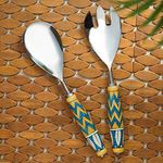 ExclusiveLane "The Mughal Paich Daar" Hand-Painted Serving Spoon & Serving fork Set In Stainless Steel & Ceramic (Set of 2) -Noodle Pasta Server Salad Serving Spoons for Dinner Set Kitchen Cutlery Set