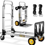 Upgraded Aluminum Convertible Hand Truck Dolly, 3 in 1 Folding Hand Truck Dolly 440 lbs, Foldable Utility Dolly Cart with 4 Wheels & 2 Elastic Ropes for Luggage, Travel, Moving, Office