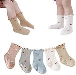 WATOCHE Baby Girls Socks Toddlers Ruffle Frilly Socks for Toddler Girls Baby Nonslip Cotton with Grips(Anti-slip Flower,0-6M)
