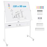 COSTWAY Double Sided Magnetic Whiteboard, Adjustable Mobile Revolving Board with Magnets, Pens & Eraser, Standing Dry Wipe Writing Whiteboard for Home Office School (120 x 90 CM, White, with Pegboard)