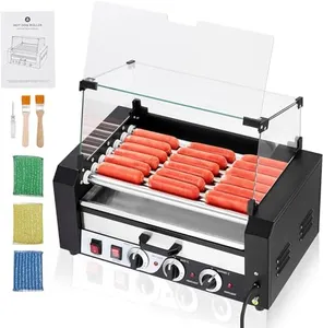 Garvee Hot Dog Roller with Warming Drawer, 7 Rollers 18 Hot Dog Capacity, 1350 Watt Stainless Steel Sausage Grill with Dual Temperature Control Removable Drip Tray and Glass Cover for Parties