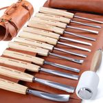 Wood Carving Tools, Wood Carving Kit of 12 Chisels, 1 Nylon Hammer & Leather Bag, Semi-Circular Edge Wood Chisel Set Whittling Kinves Kit, Carving Knife Set for Beginners, Carpenters