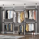 Heavy Duty Clothes Rack, 4 Poles 6 Bars Telescopic Coat Hanger Wardrobe Organiser, Hanging Rail, Garment Rack, Stainless Steel, 60kg Loading per Horizontal Bar, Height Adjustable