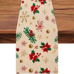 Honitra Christmas Poinsettia Plant Table Runner, Seasonal Winter Holiday Kitchen Dining Table Decoration for Indoor Outdoor Home Party Decor 13 x 72 Inch