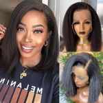 Kinky Straight Human Hair Bob Wigs Italian Yaki Straight Edges Wig 13x4 Lace Front Wigs Human Hair for Women Glueless Bob Wigs with Baby Hair Pre Plucked Brazilian Human Hair Wigs Free Part (12 Inch)