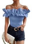 OYOANGLE Women's Ruffle Trim Off Shoulder Short Sleeve Blouse Party Tops Shirt, Blue, Large