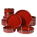 Bloomhouse - Oprah's Favorite Things - Santorini Mist Double Bowl Terracotta Reactive Glaze Plates and Bowls Dinnerware Set - Garnet Red, Service for Four (16pcs)