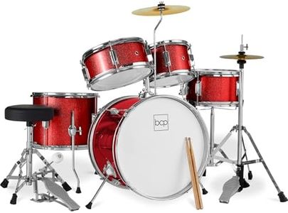 Best Choice Products Kids 5-Piece Beginner Drum Set Junior Kit, Starter Percussion w/Cymbals, Pedal, Toms, Snare, Drumsticks, Stool - Red Sparkle