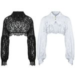 Jiuguva 2 Pack Fake Collar Detachable Dickey Blouse False Collar Sun Protection Lace Half Shirt Blouse Flower Embroidery Collar Long Lantern Sleeve Crop Top for Women Ladies Girls Favors White, Black