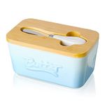 Porcelain Butter Dish with Butter Knife & Wooden Lid, Candiicap Airtight Butter Keeper for Countertop & Home Kitchen Decor, Large Butter Holder for East West Coast Butter(Sky Blue)