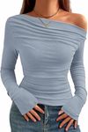 TrendiMax Womens Long Sleeve Sexy Tops Boat Neck Off Shoulder Knit Shirts Ruched Elegant Slim Fitted Blouse T Shirt Light Blue