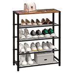 Yusong Shoe Rack, 5 Tier Shoe Organizer Storage for Closet Entryway, Narrow Tall Metal Shoe Shelves with Industrial Wooden Top, Rustic Brown and Black