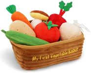 June Garden My First Vegetable Basket - 7 Pcs Plush Interactive Pretend Play Food Playset - includes Basket Carrier, Cucumber, Carrot, Tomato, Potato, Mushroom, Radish and Garlic - Ages 2+