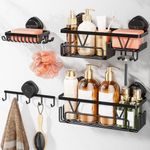 KEGII Suction Cup Shower Caddy - 4-Piece Suction Cup Shower Organiser Set with 2 Bathroom Shelf, Soap Holder & Hooks, Black No Drill Storage for Bathroom, Kitchen, Laundry Room