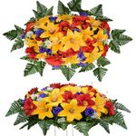 Artificial Headstone Flower Saddles for Graves, Cemetery Memorial Flowers for Outdoor Tombstone Decorations, Lily Rose Gerbera Mixed Saddle Flowers (Orange Lily, Saddle)