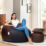 Amazon Brand - Solimo 4XL Premium Faux Leather Bean Bag with Footstool & Cushion Combo for Living Room | Bean Bag Filled with Beans | Capacity Upto 6'5" Height & 125 Kg Weight | (Black & Brown)