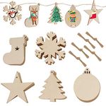 JUYOO 50PCS Wooden Christmas Tree Decoration Set Christmas Wooden Ornaments Wooden Ornaments - Round Wood Slices Wood Snowflake Star Christmas Tree Socks with 60 Pcs Rope, 5 Style