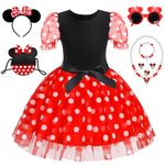 YYDSXK Princess Dress Up for Girls, Mouse Fancy Dress Up Costume with Mouse Glasses, Mouse Bag, Headband, Polka Dot Dress up for Girls for Birthday Party Halloween Christmas Carnival Cosplay