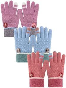 Winter Gloves for Toddler Kids - 3 Pairs Boys Girls Soft Warm Wool Lined Gloves Full Finger Children Thermal Knit Gloves (Pink/Sky-blue/Purple, 1-5 years old)