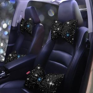 Pirador Car Headrest Pillow Bowknot Neck Support Pillow for Driver with Bow Tie Bling Diamond Head Neck Support Rhinestone Accessories for Girls and Women Black 2Pcs