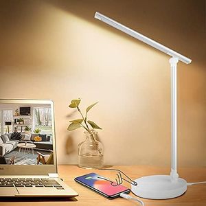 Eocean LED Desk Lamp, Touch Control Table Lamp with USB Charging Port, Eye-Caring Reading Light with 5 Color Modes 5 Brightness Levels, Auto Timer Dimmable Study Lamp for Work/Study/Craft （White）