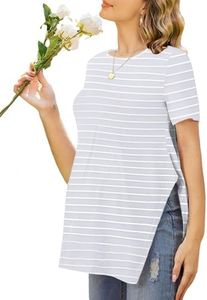 Ekouaer Women's Maternity Shirts Short Sleeve Pregnancy Tops Blouses Split Side Casual Crewneck Pregnant Tunic Tee Grey Striped XXL