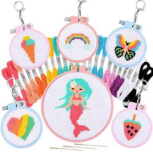 Pllieay 6 Pcs Cross Stitch Kits for Beginners for Kids 7-13, Kids Embroidery Kit Needlepoint Kit Arts and Crafts Kit with Instructions for Backpack Charms, Ornaments and Needle Craft