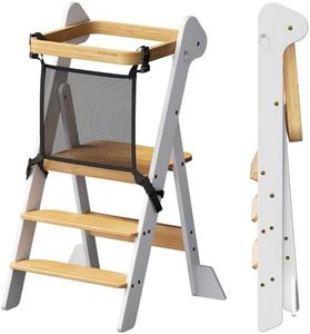 COSYLAND Foldable Standing Tower for Toddlers – IF Design Awarded Height Adjustable Kitchen Step Stool with Safety Net – Toddler Learning Helper Stool for Kitchen/Bathroom,Foldi (White & Natural)