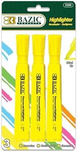 BAZIC Products Highlighter – Yellow Color Chisel Tip Highlighter Set, Desk Style Highlighter Pen for Office, School, and Study Use, Fluorescent Yellow Ink, Smooth Marking, 3 Pcs, 1-Pack