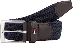 Tommy Hilfiger - Adan Men's Belt, Navy - 57% Elastane, 43% Polyester - Silver-Tone Plaque Buckle - Wardrobe Essentials - Tommy Hilfiger Accessories for Men - Size 95